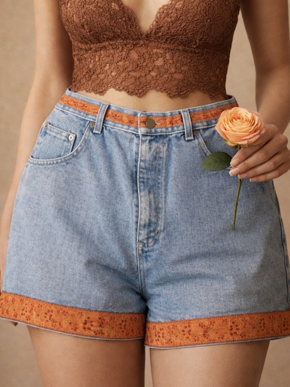 High-Rise Light Blue Denim Shorts with Orange Trim - Women